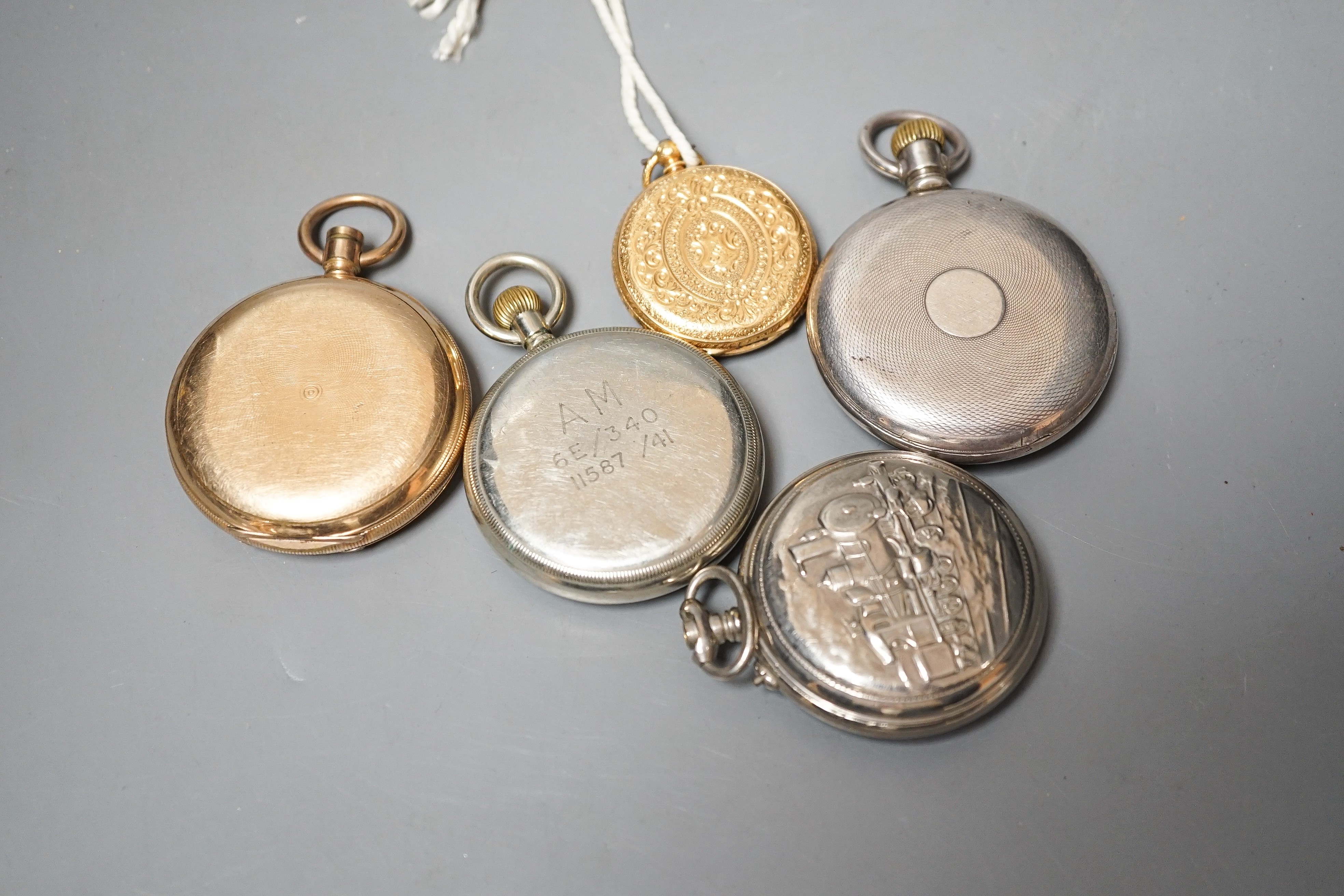 A collection of assorted pocket watches, including 1940's military, an 18k fob watch (gross 40.2grams), gold plated and engine turned Swiss 935 white metal.